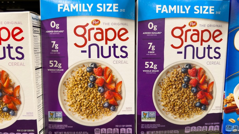Grape Nuts Family Size Breakfast Cereal Boxes on Grocery Store Shelf