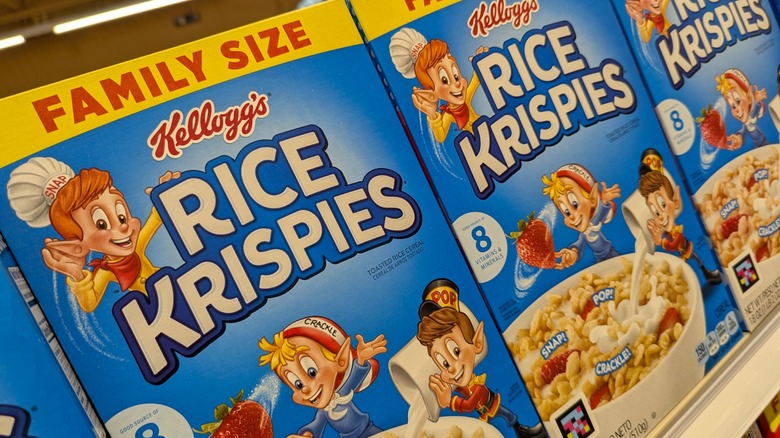 Rice Krispies Cereal Snap Crackle Pop Mascots on grocery shelf
