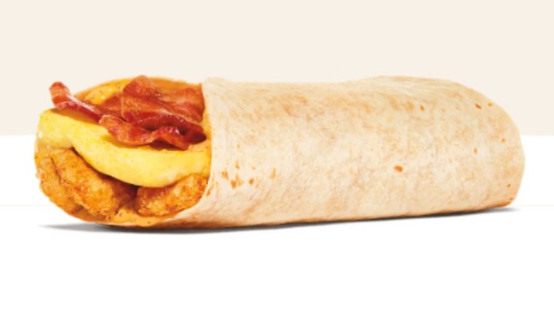 Burger King Egg-Normous Burrito product image on a cream and white layered background.
