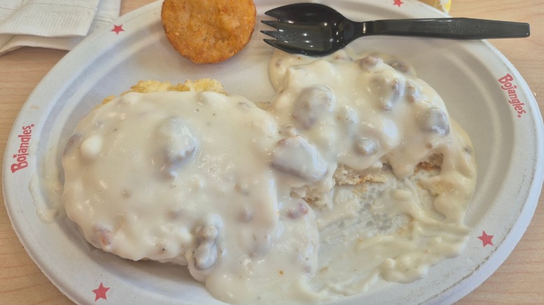 Biscuits and Gravy on a paper plate at Bojangles