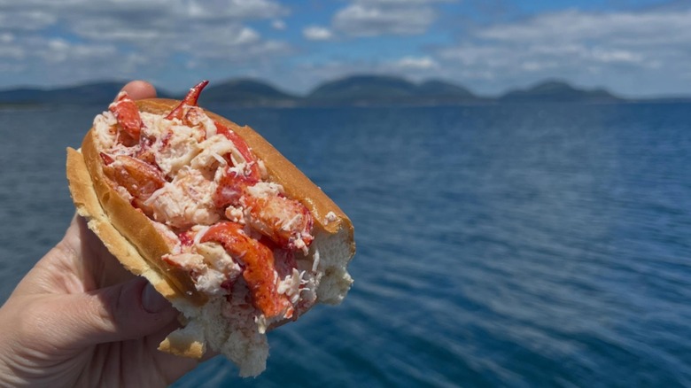 Hand holding a lobster roll from Luke's Lobster with the sea in the background