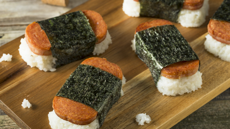 Spam musabi snacks on white rice wrapped in nori