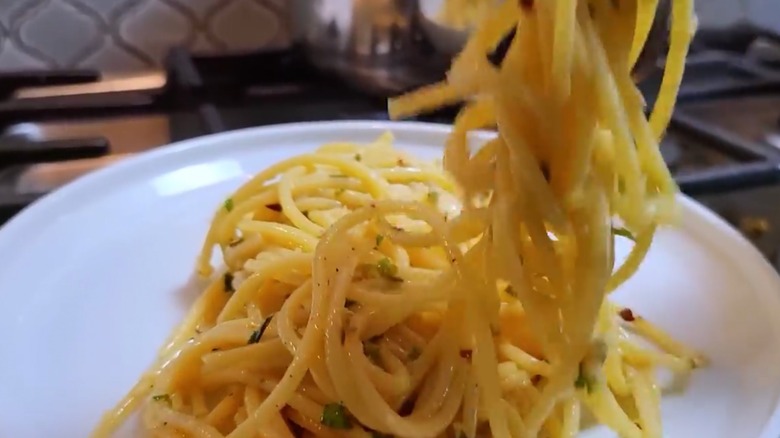 Cowboy Butter Garlic Herb Pasta being lifted up with a fork
