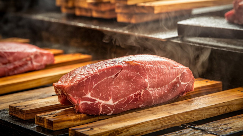 Large cut of raw venison meat on wood planks in front of grill