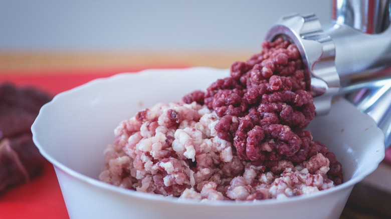 Close up of meat grinder processing venison and pork fat into white bowl