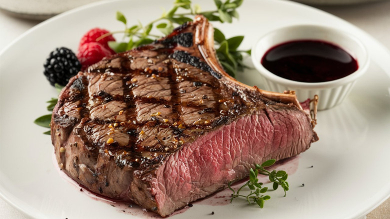 A juicy grilled venison steak on white plate with sauce, herbs, and berries