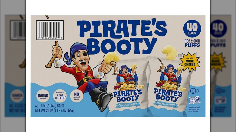 Product photo of a box of Pirate's Booty Aged White Cheddar Rice and Corn Puffs from Costco