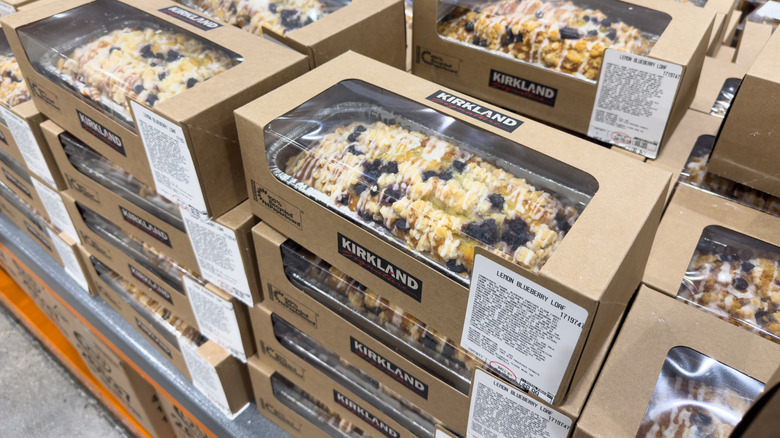 Costco lemon blueberry loaf in boxes stacked in a display.