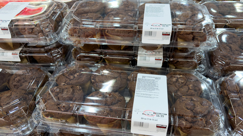 Packages of triple chocolate muffins on display at Costco