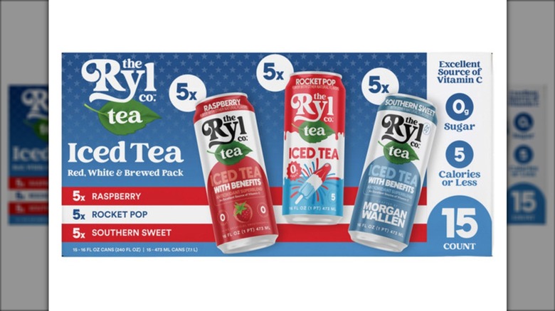 Ryl Co. Red, White, and Brewed Pack of canned iced teas on a white background.