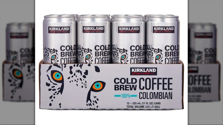 12-pack of Kirkland Signature Colombian cold brew coffee on a white background.