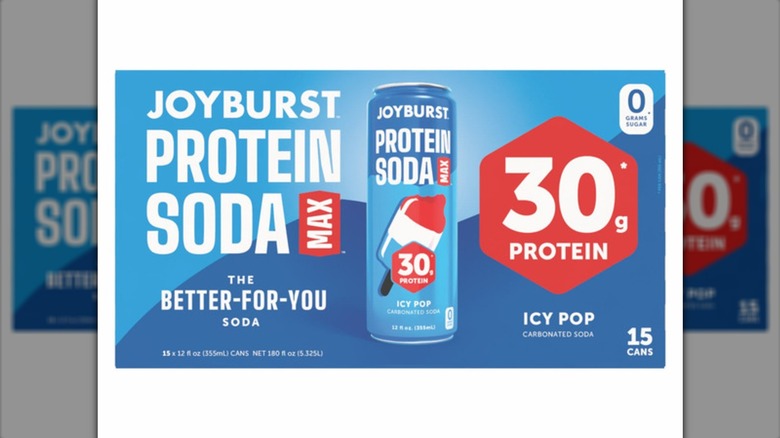 A pack of Joyburst Icy Pop protein sodas on a white background.