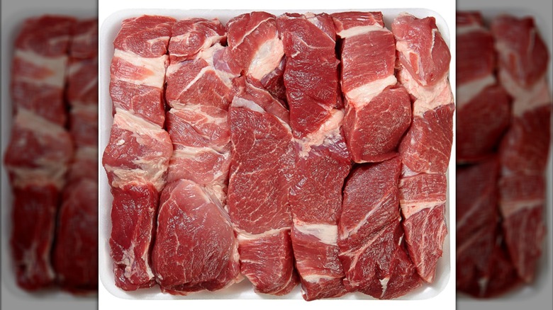 Package of Kirkland Signature Pork Shoulder Country Style Ribs on white background