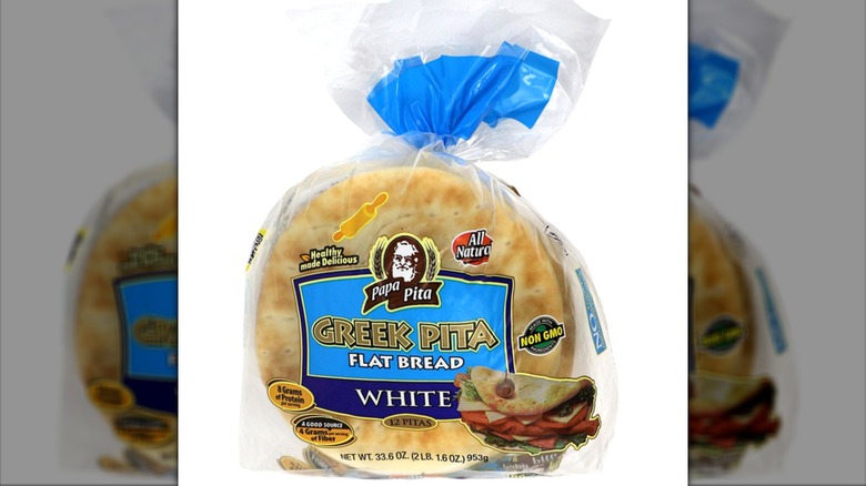 Package of Papa Pita Bakery Greek Pita Flat Bread on white background
