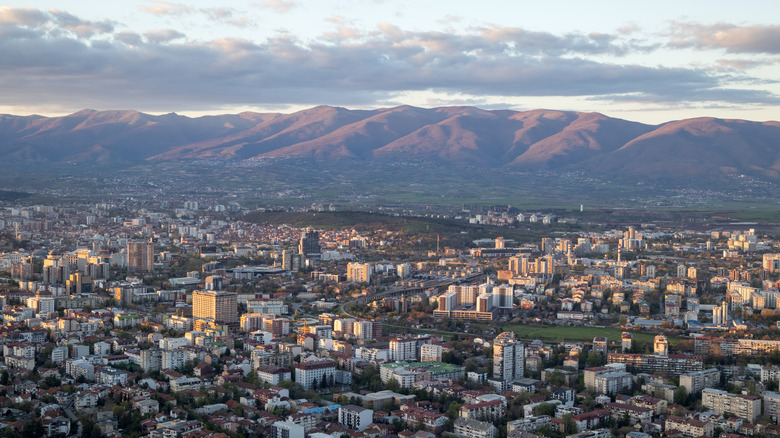 Mountains in background of capital city of Skopje, North Macendonia