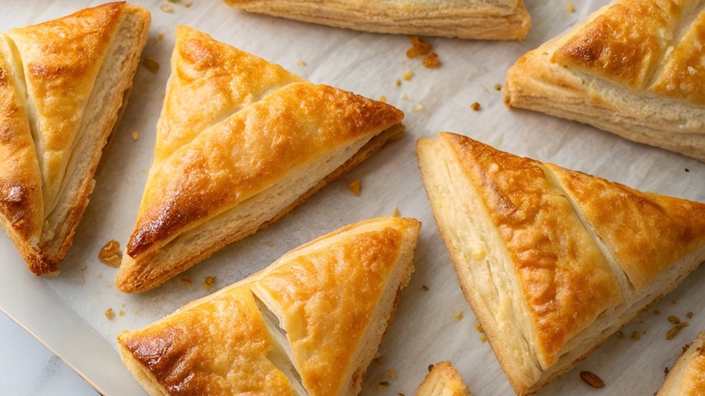 Puff pastry triangles, golden and flaky, viewed from above.