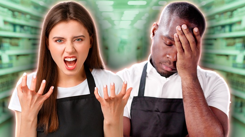 Composite image of frustrated grocery store employees