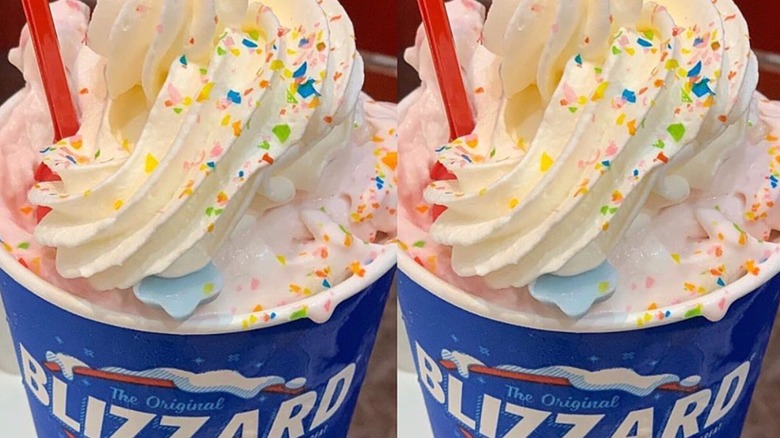 Two side-by-side Piñata Party Blizzards from Dairy Queen
