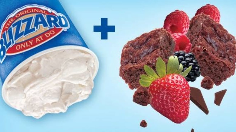 Tripleberry Brownie Blizzard from Dairy Queen beside brownie bits and fresh strawberries and blackberries and chocolate shavings, with a plus sign between them