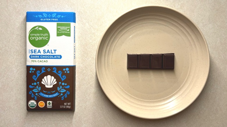 Simple Truth Organic Sea Salt 70% Cacao Fair Trade Dark Chocolate Bar and chocolate on plate
