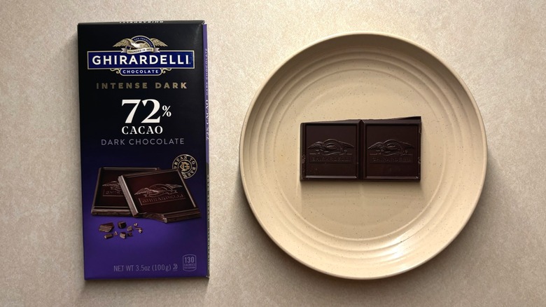 Ghirardelli Intense Dark 72% Cacao Chocolate Bar and chocolate on plate