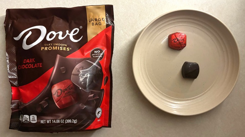 Dove Promises Dark Chocolate Candy Bag with chocolate on plate
