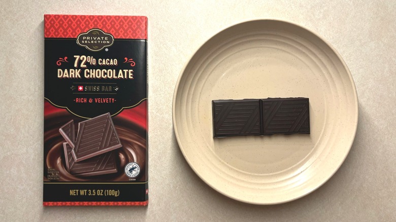 Private Selection 72% Cacao Dark Chocolate Swiss Candy Bar and chocolate on plate