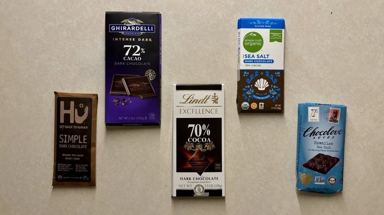 Dark chocolate candy bars on surface on counter