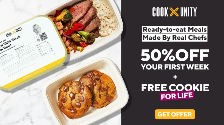 Image of CookUnity ready-to-eat meal with steak and vegetables and two cookies