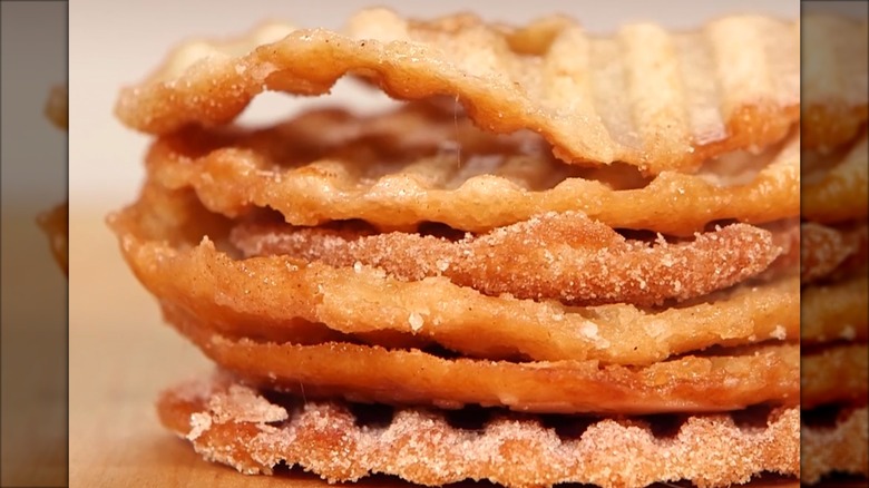 closeup of donut chips, fried slices of donuts.