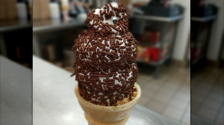 Dairy Queen vanilla soft serve cone with chocolate sprinkles
