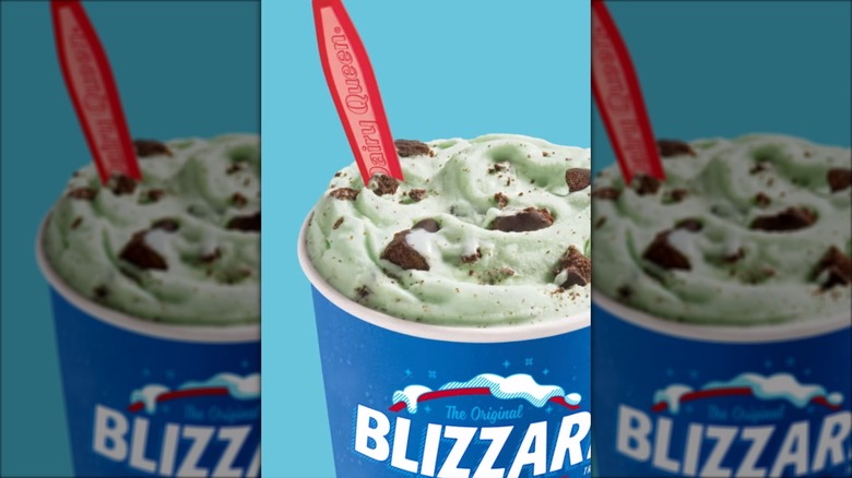 Girl Scout Cookie Thin Mint Blizzard from Dairy Queen with red spoon