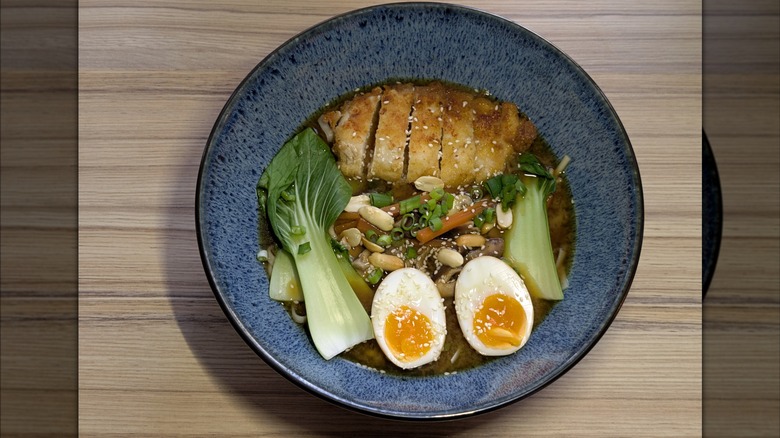 A top view of a typical chicken katsu ramen bowl