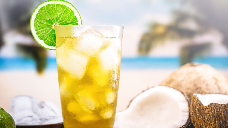 Iced tea with coconut water and lime surrounded by halves of fresh coconut