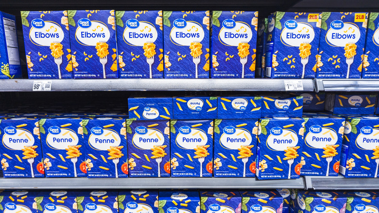 Shelves of boxes of Great Value pasta