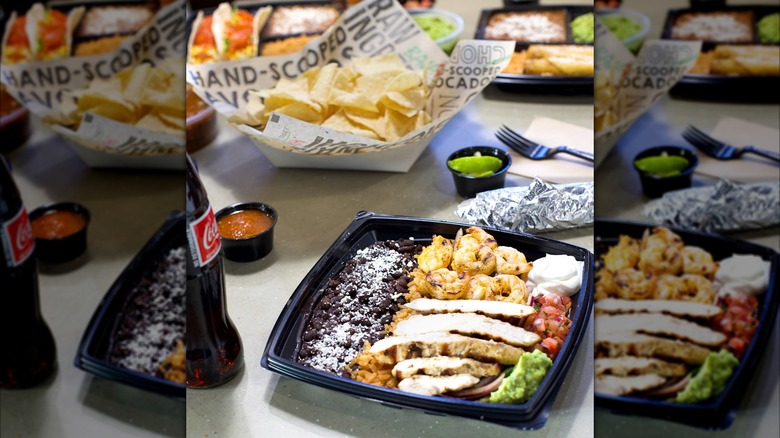 Chicken and beans meal with chips and Coke at Baja Fresh