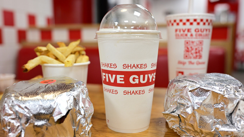 Five Guys burgers, milkshake, and fries