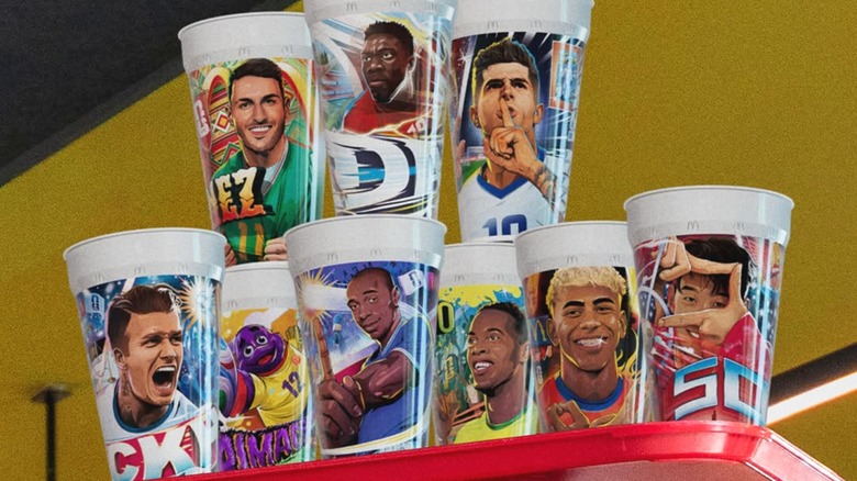 McDonald's FIFA World Cup collectable cups sitting on a tray.