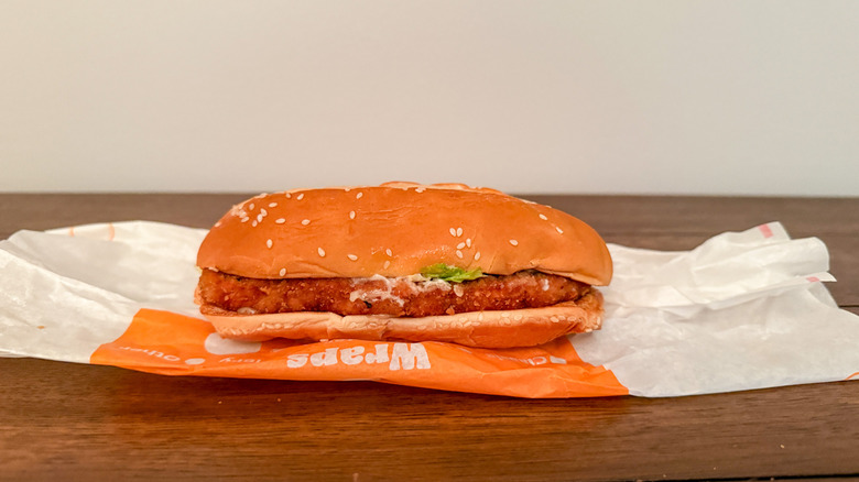 Burger King's fried chicken sandwich on a fast-food wrapper