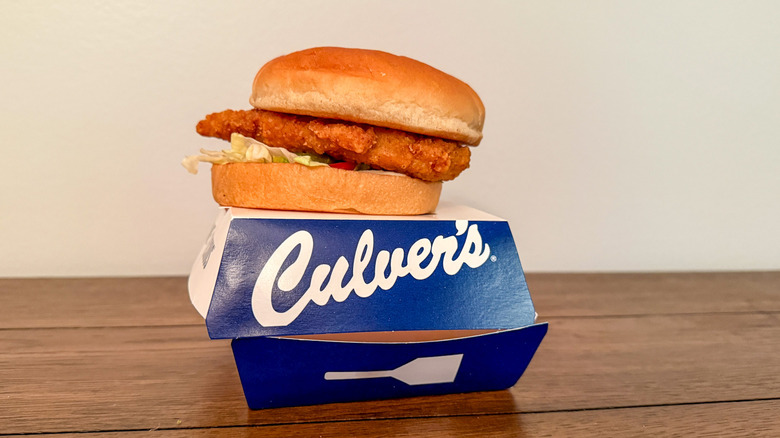 Fried chicken sandwich sitting on top of a Culver's fast-food takeout box