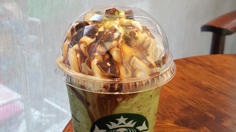 Green frappuccino at Starbucks in a plastic, to-go container