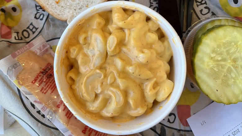 Fast food takeout container of Macaroni & Cheese