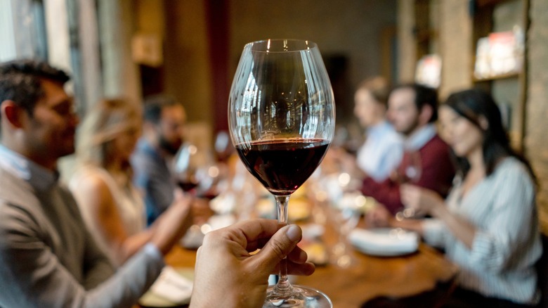 close up of dinner party group with a hand holding a glass of wine by the stem