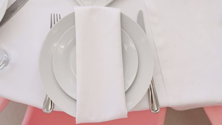 A neatly arranged fine dining table features a white plate, a folded napkin, and cutlery beside it.