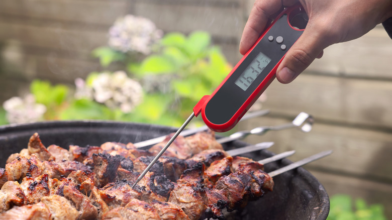 Person checking temperature of kebabs