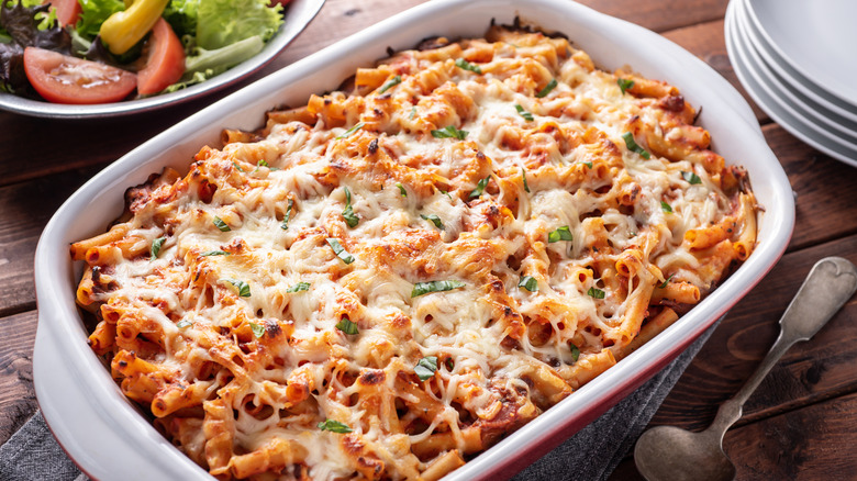 Baked ziti in a white dish