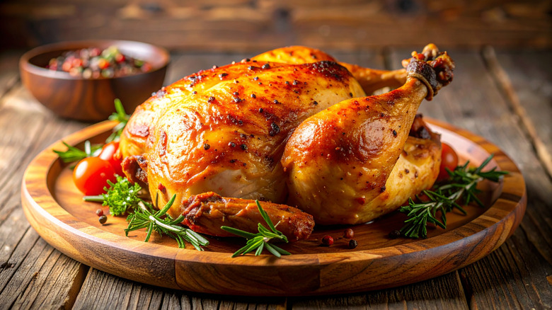 Roasted chicken on a wooden serving tray