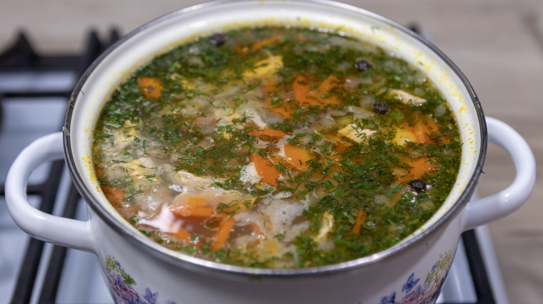 A simmering pot of vegetable soup