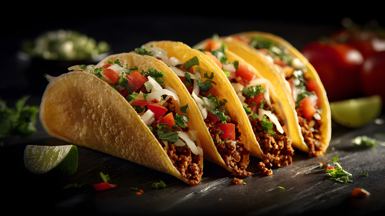 Row of four beef tacos on a board