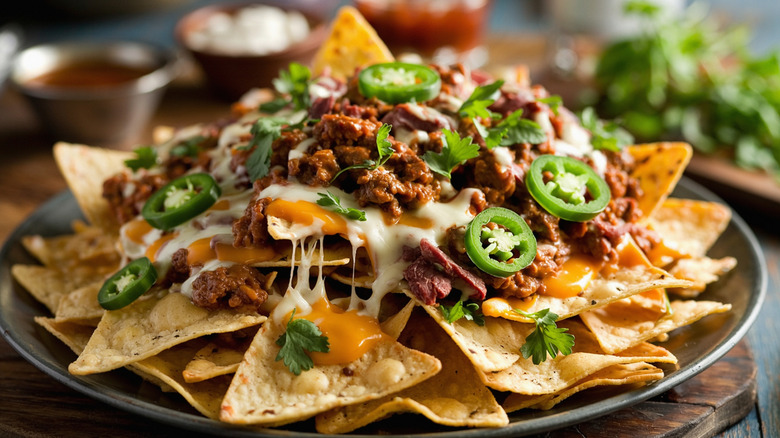 Plate of nachos loaded with meat, cheese, and jalapenos